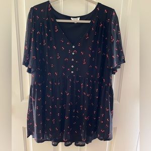 Short sleeve black top with cherry print